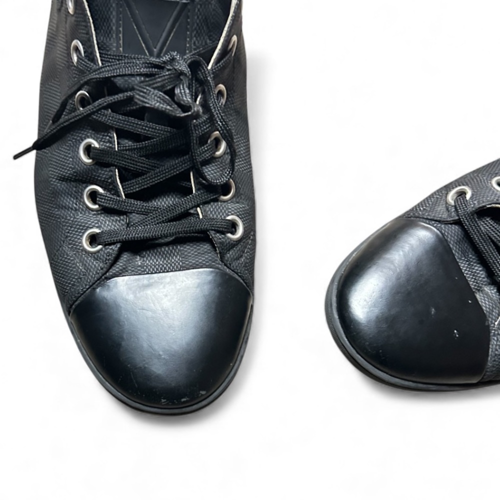 Louis Vuitton Graphite Damier Nylon|Black Leather Cap Toe Sneakers Size 7.5 Mens - Picture 7 of 12